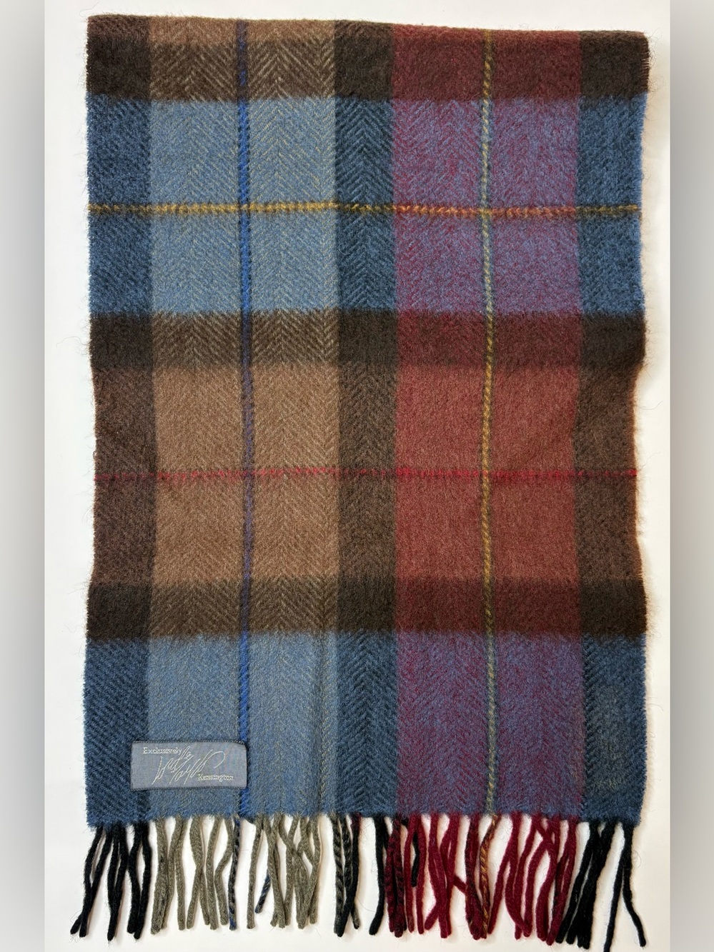 Lord & Taylor Kensington Plaid Fringe Scarf Blue Burgundy Camel / Lambswool (?)